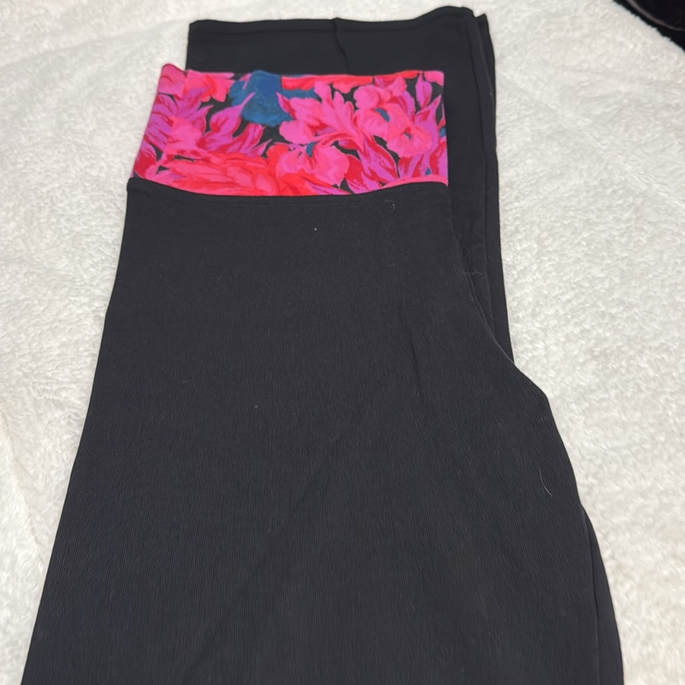 Black Leggings with Pink Floral Waistband
